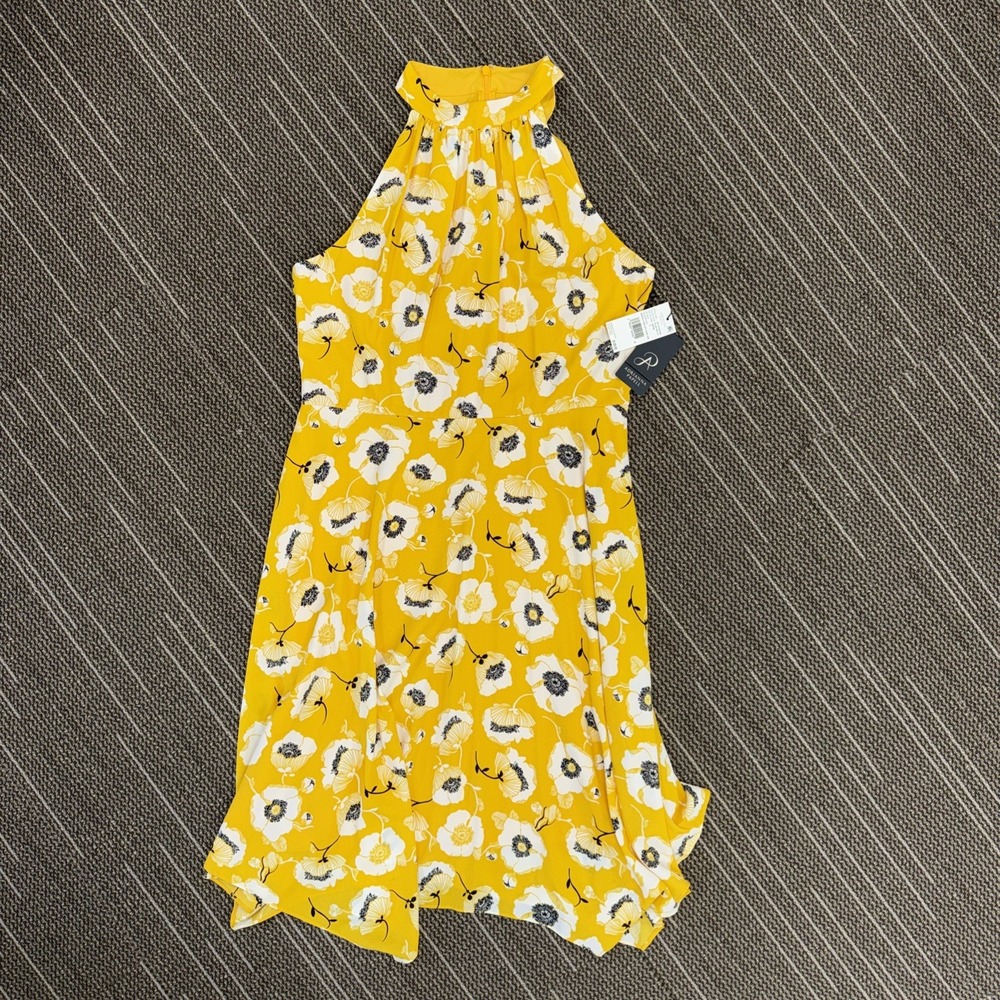 adrianna papell dress 12 Graphic Floral With Hanky Hem Yellow And Black NWT